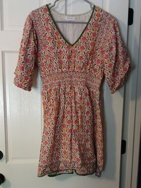 THML Cream Floral V-Neck Mini Dress with Pink & Yellow Print